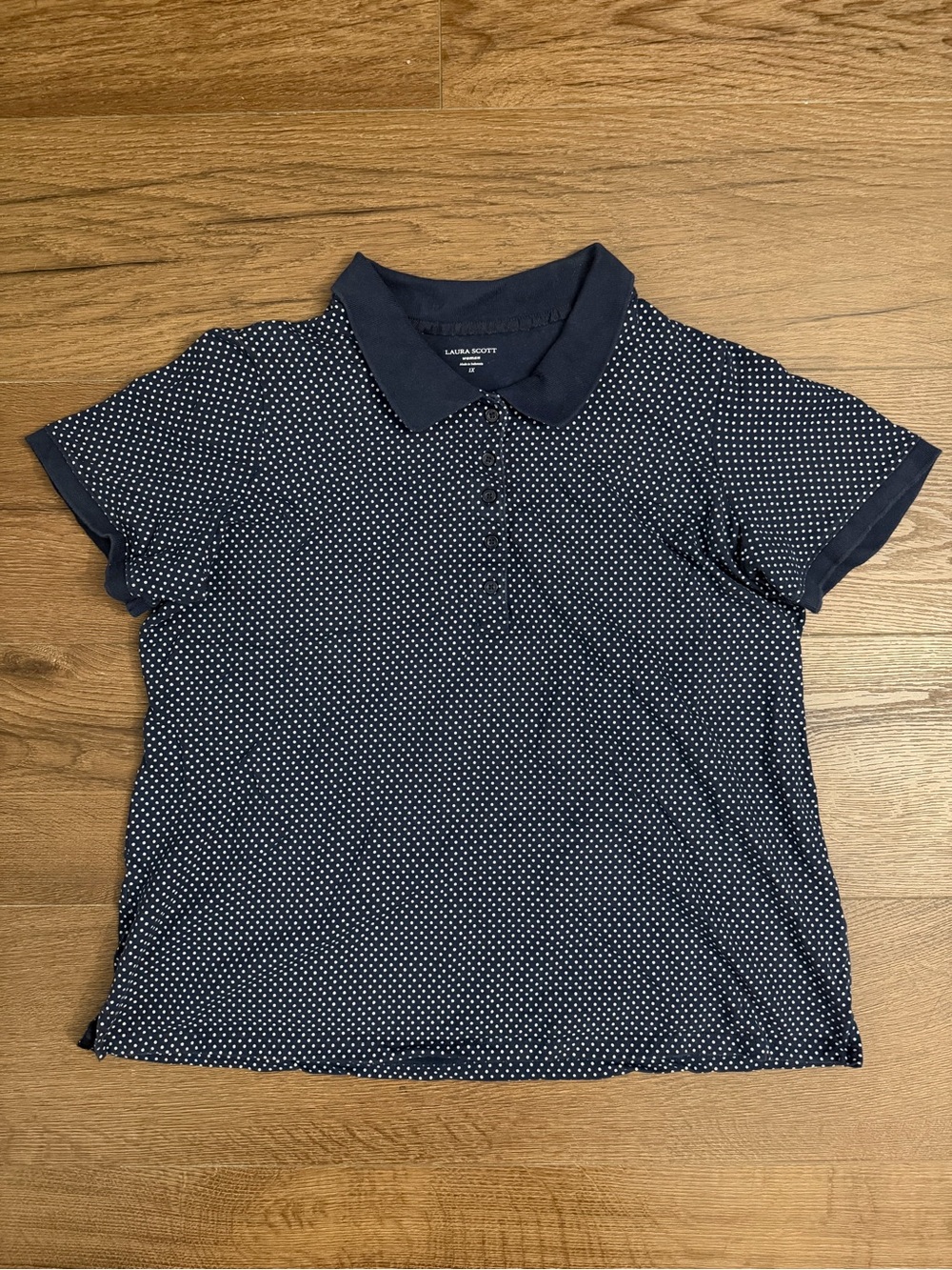 Laura Scott Navy and White Polka Dot Button-Down Polo